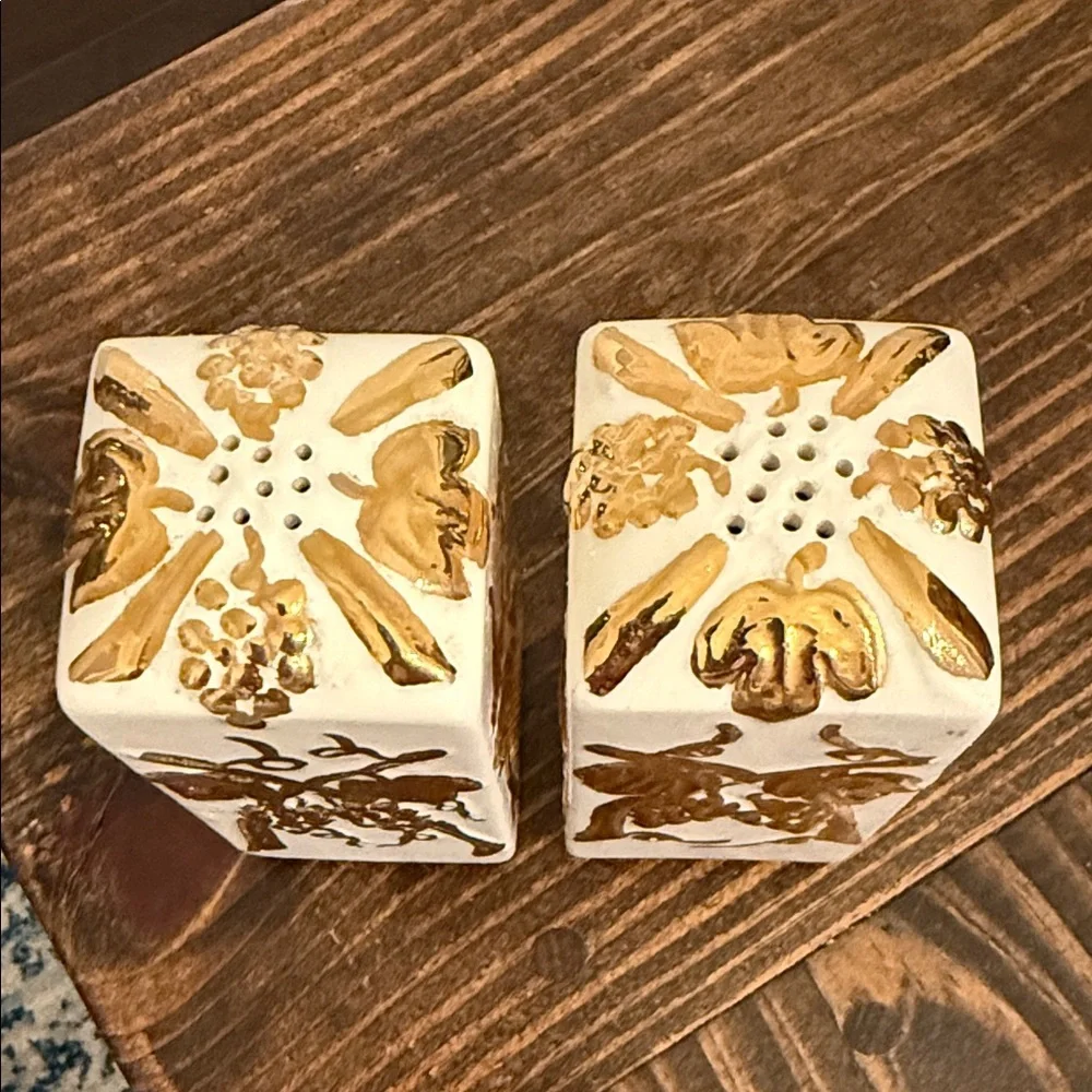 Elegant Gold and Cream Ceramic Salt and Pepper Shakers
